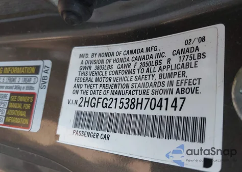 2008 Honda Civic Si from USA, damaged, VIN 2HGFG21538H704147